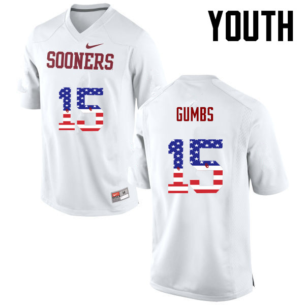 Youth Oklahoma Sooners #15 Addison Gumbs College Football USA Flag Fashion Jerseys-White - Click Image to Close
